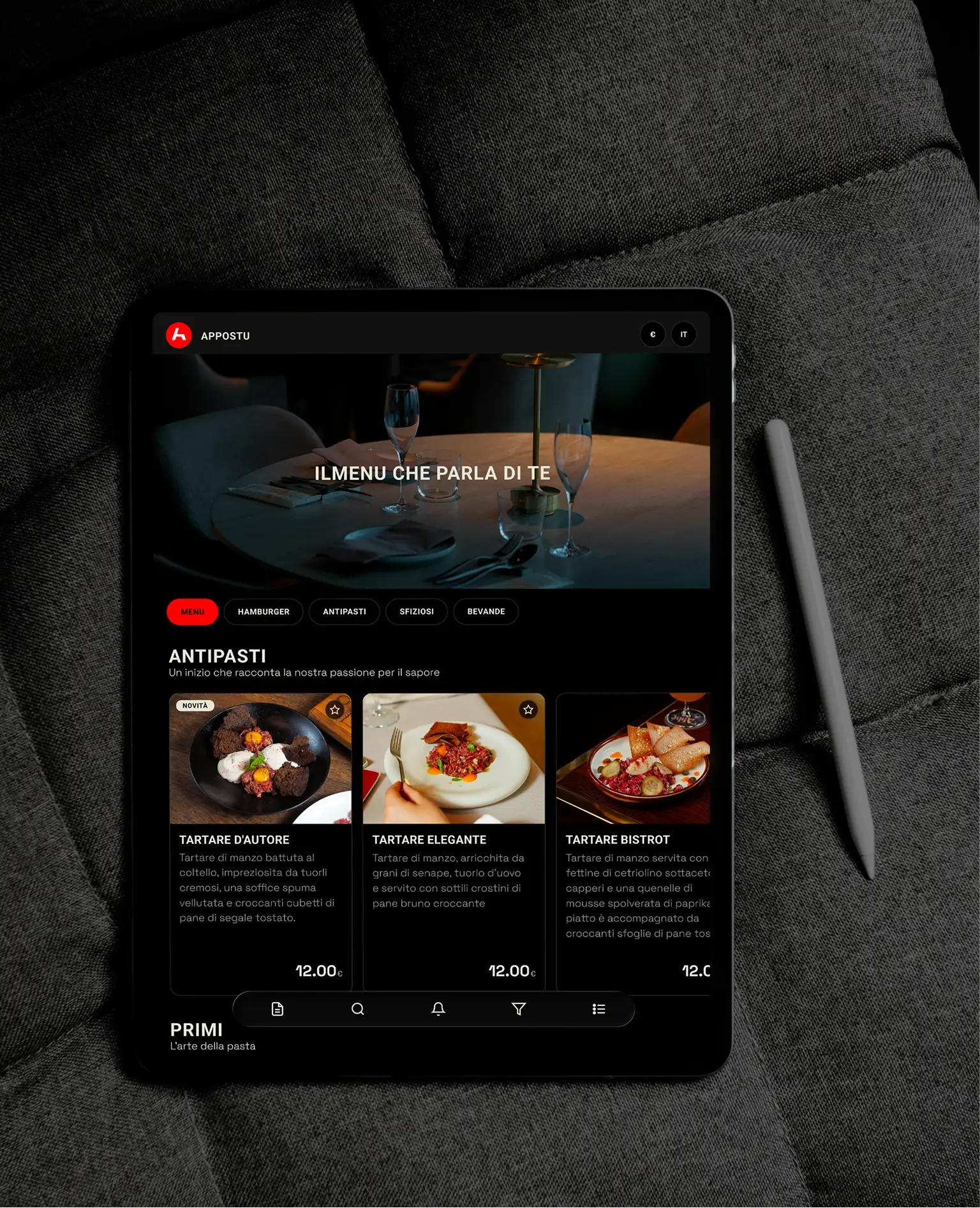 Anteprima menu digitale Appostu su tablet